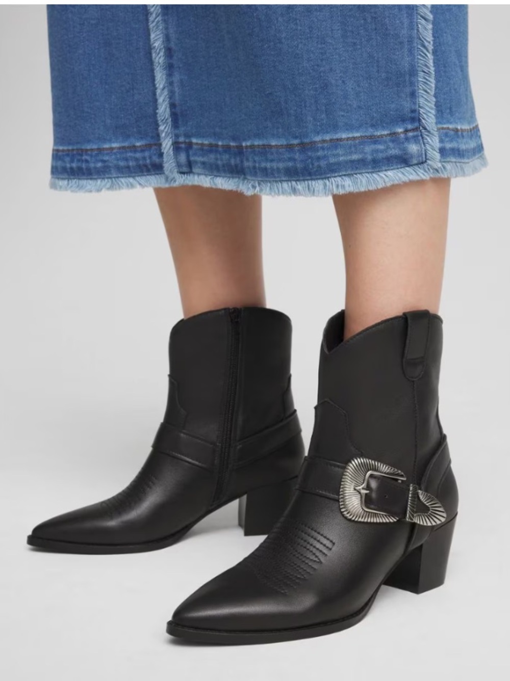 New Chico’s Kris Leather Western Buckle Boots Size 11 Black Silver Cowgirl Rodeo